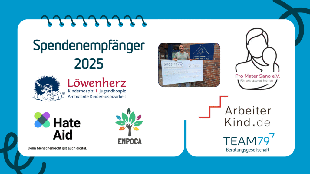 Spendenempfänger 2025: Logos von Löwenherz, Hate Aid, EMPoca, Pro Mater Sano e.V., ArbeiterKind.de und TEAM79.