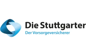 Logo der Stuttgarter Versicherung mit dem Slogan „Der Vorsorgeversicherer“ in blau und schwarz.