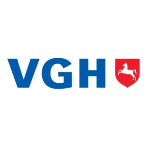 Logo der VGH Versicherungen mit blauem Schriftzug und einem roten Wappen mit einem weißen Pferd.