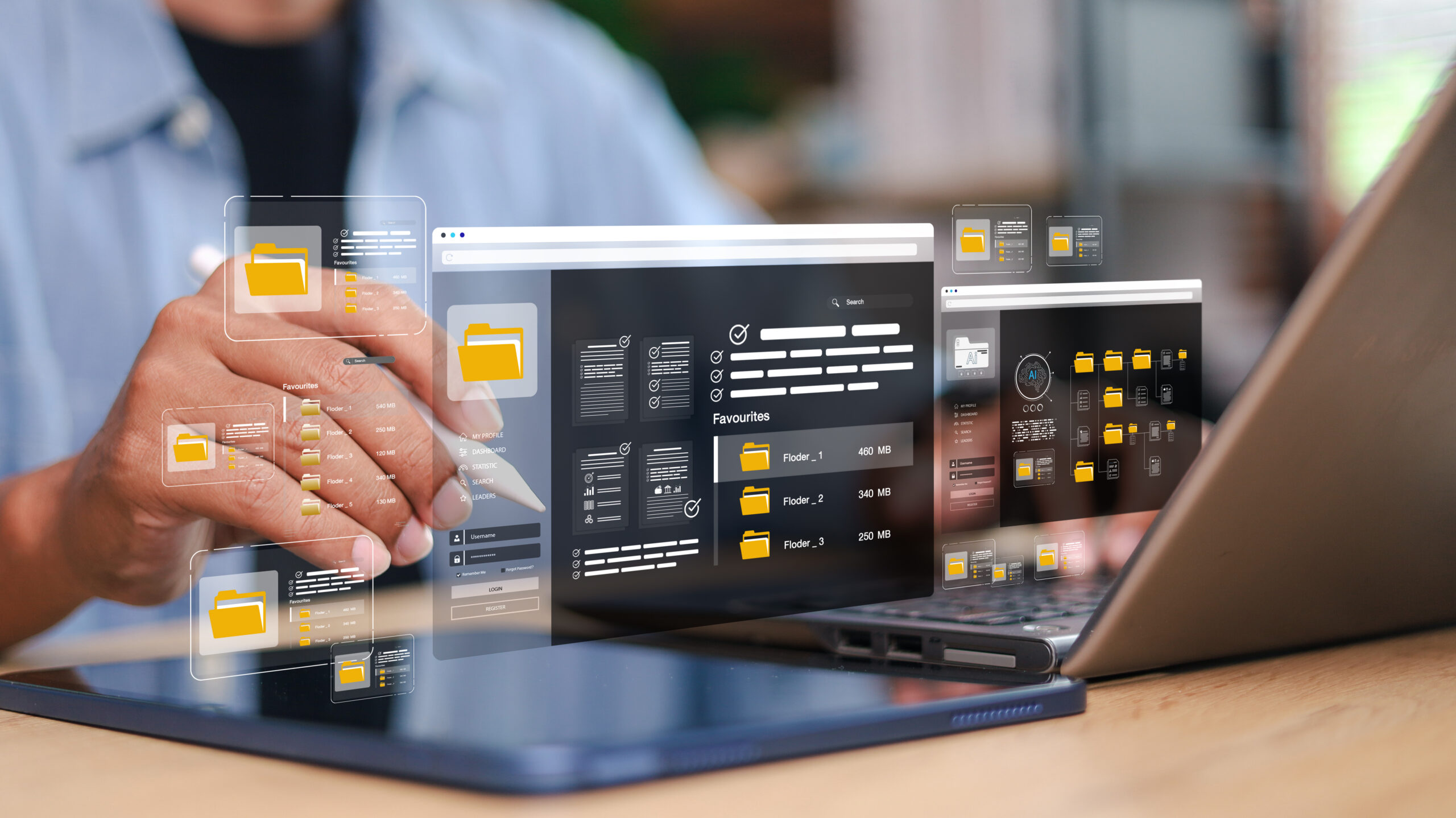 Eine Person nutzt einen Laptop, w&auml;hrend digitale Ordner und Dateiinformationen in der Luft angezeigt werden.