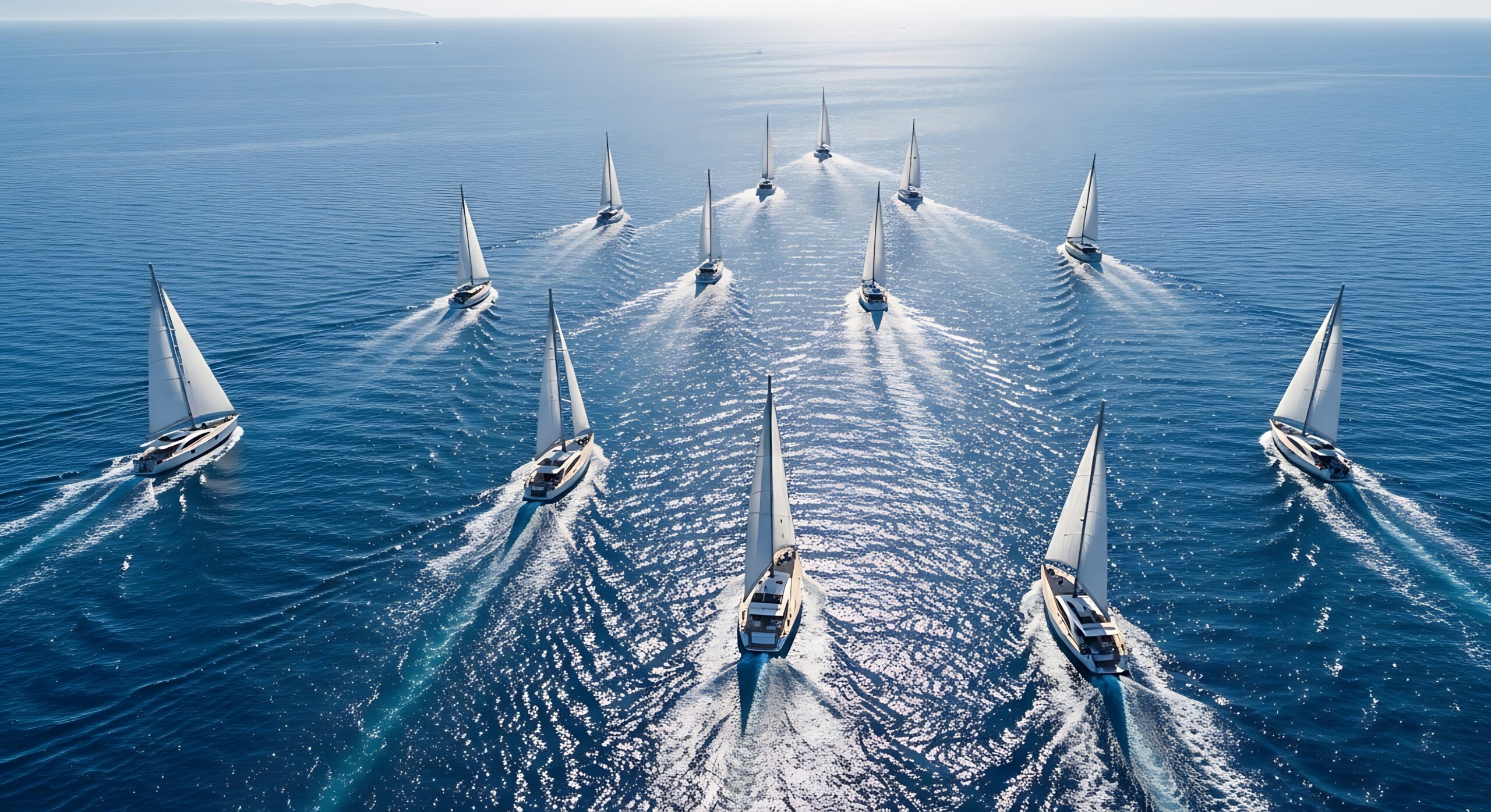 Zehn Segelboote fahren in einer V-Formation &uuml;ber das glitzernde Wasser, unter einem klaren Himmel.
